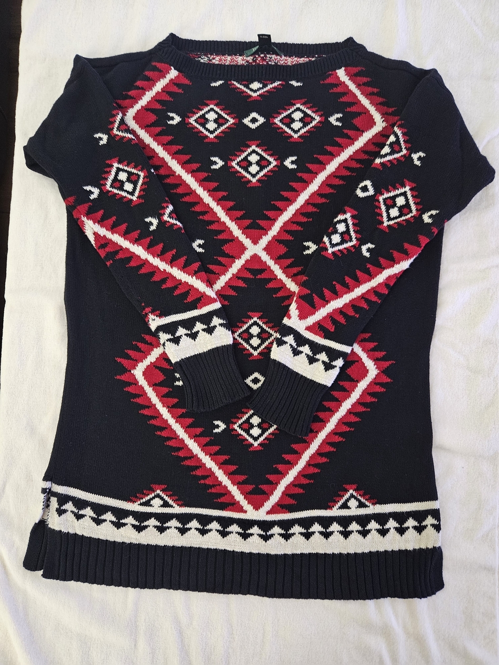 Lauren Ralph Lauren Aztec Geometric Knit Cotton Sweater Medium Black Red